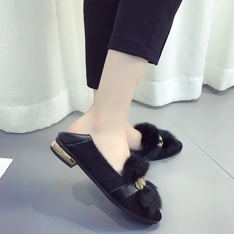 Туфли женские зимние с круглым носком модная пушистая искусственная кожа