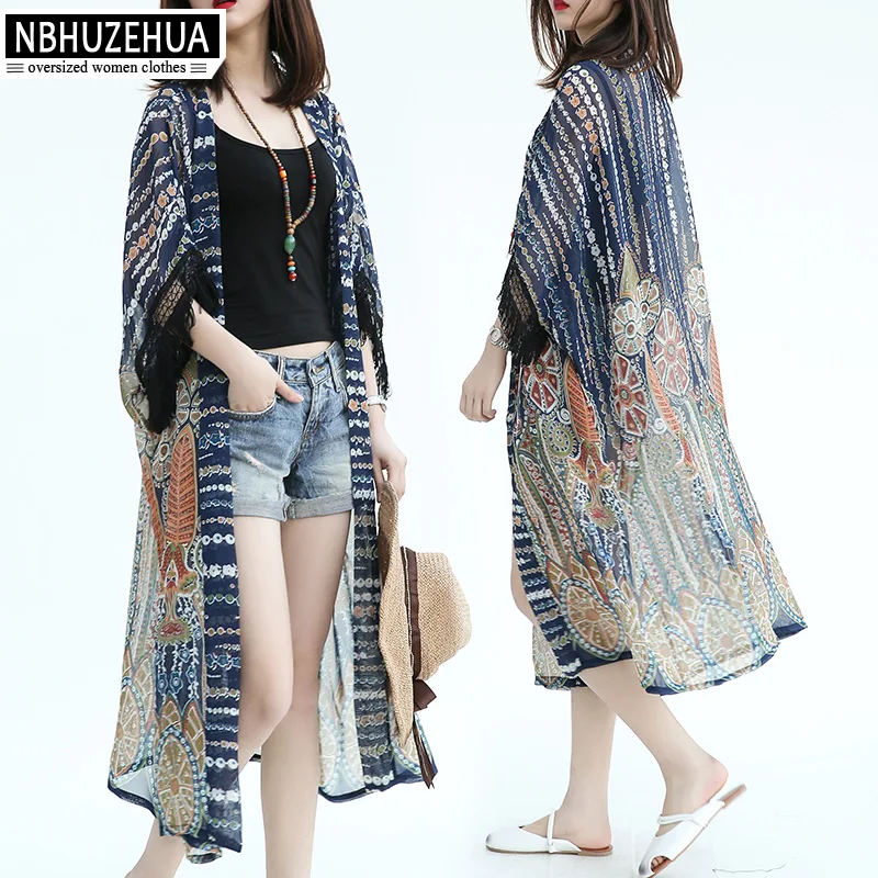Женское богемное длинное кимоно NBHUZEHUA винтажный топ с v образным вырезом и