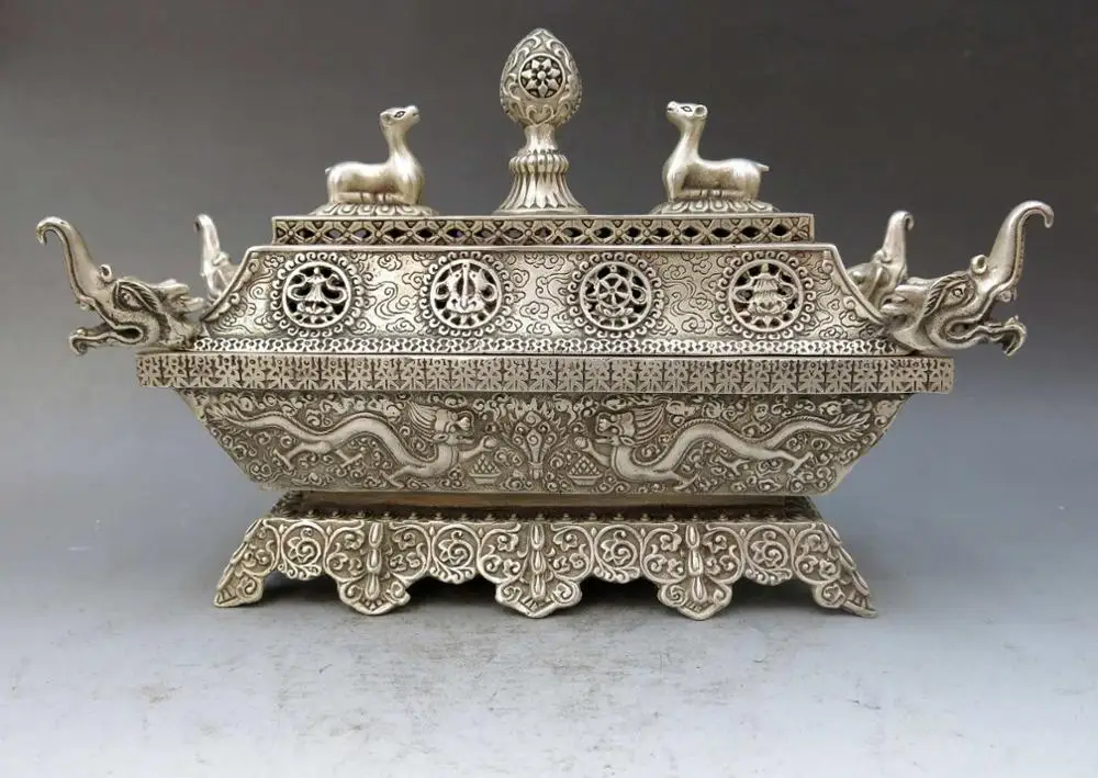 

China silver handwork carved eight treasures censer dragon incense burner Statue