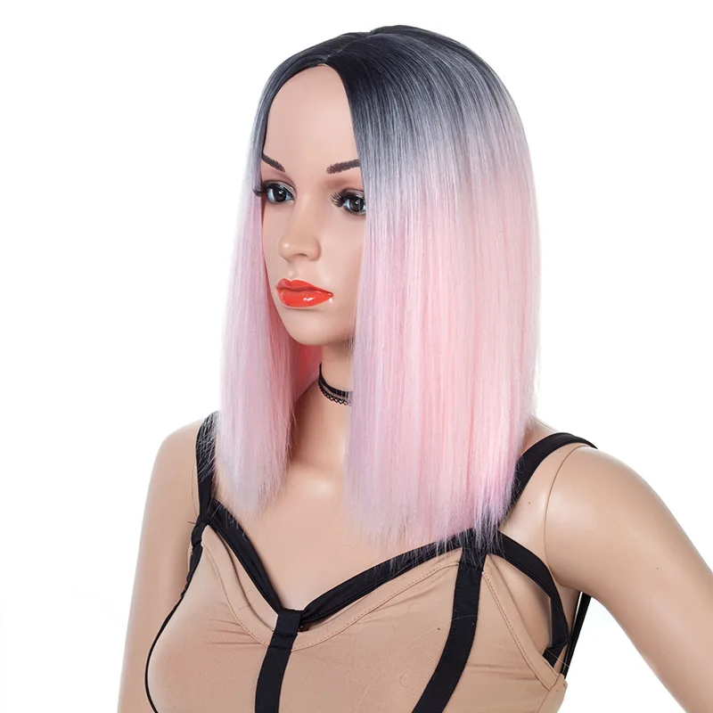 Yiyaobess 16inch Medium Long Bob Wig Black Pink Ombre Hair Synthetic Natural Grey Straight Womens Wigs For African Americans | Шиньоны и