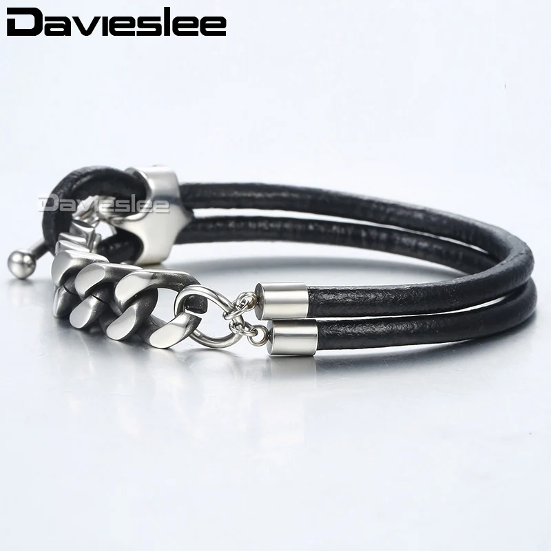 Davieslee Для мужчин s кожаный браслет черный циркония очарование Gunmetal