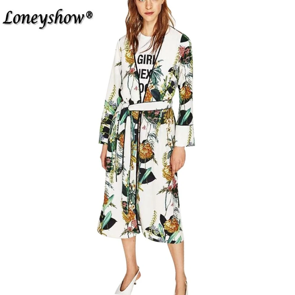 Loneyshow женщин Элегантный цветочный кимоно Пальто открыть стежка пояса верхняя