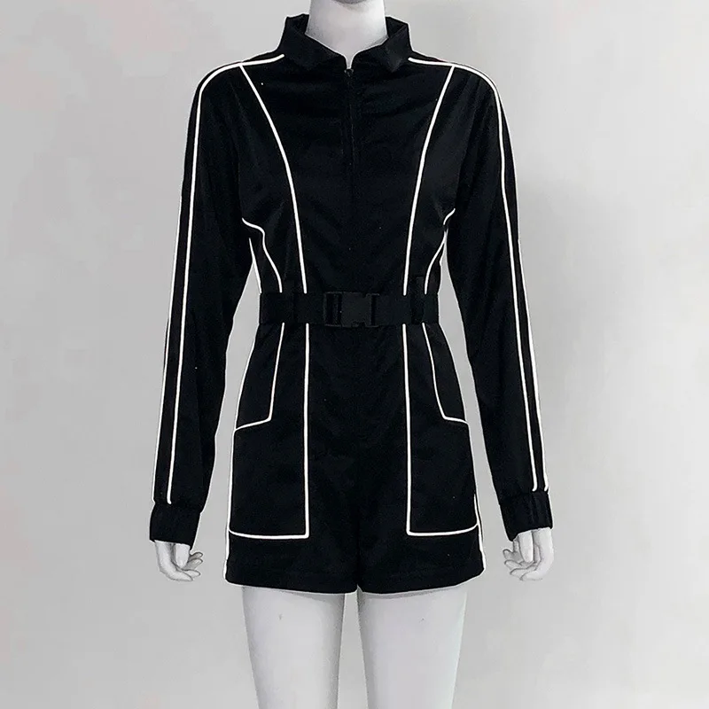 2019 Autumn Reflective Stripes Playsuit Women Black Long Sleeve Playsuit Front Zipper with Belt Female Short Jumpsuit Streetwear
2019 Autumn Reflective Stripes Playsuit Women Black Long Sleeve Playsuit Front Zipper with Belt Female Short Jumpsuit Streetwear