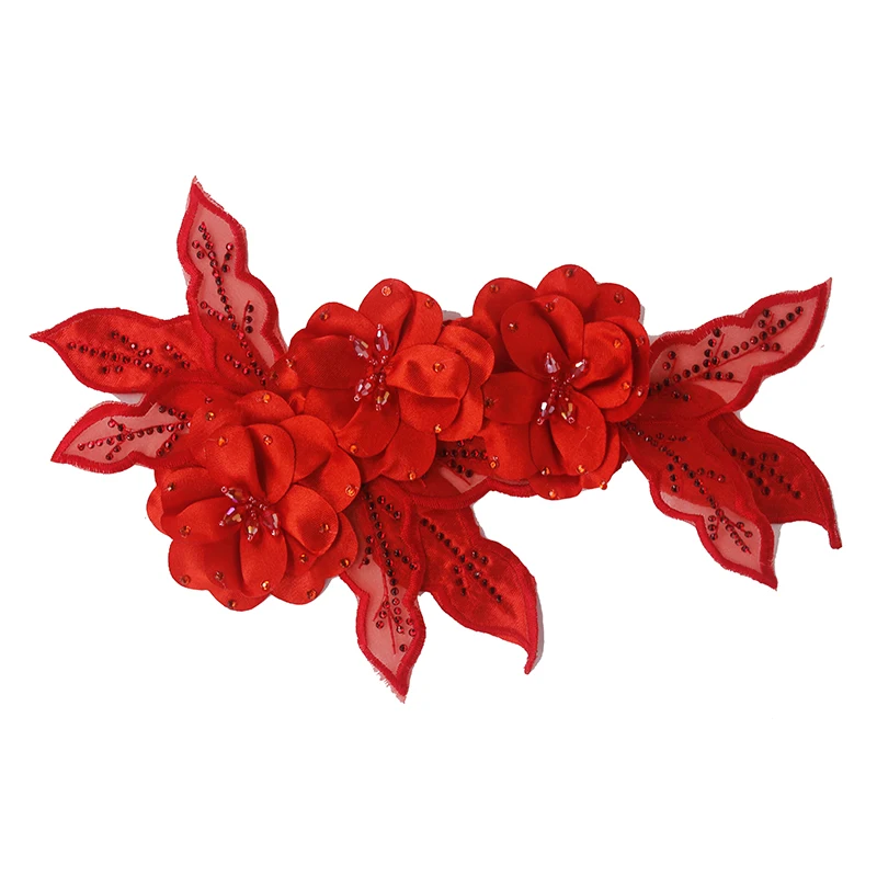 

5piece Beaded Rhinestones 3D Red Flower Lace Fabric Patches Sew On Patches Bridal Wedding Dress Cloth Motifs Applique T1849