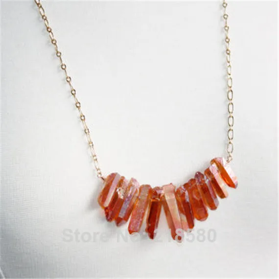 H-QN105 Raw Peach Orange Rainbow Titanium Quartz Spike Necklace, Rough Druzy Point Arrow Boho Crystals with Gold or Silver Chain
H-QN105 Raw Peach Orange Rainbow Titanium Quartz Spike Necklace, Rough Druzy Point Arrow Boho Crystals with Gold or Silver Chain