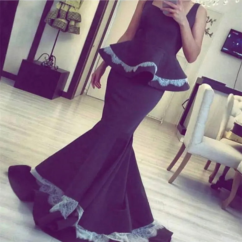 Simple Black Lace Mermaid Evening Dresses 2020 Peplum Ruffles Sweep Train Square Collar Arabic Gowns Vintage Prom Dress | Свадьбы и