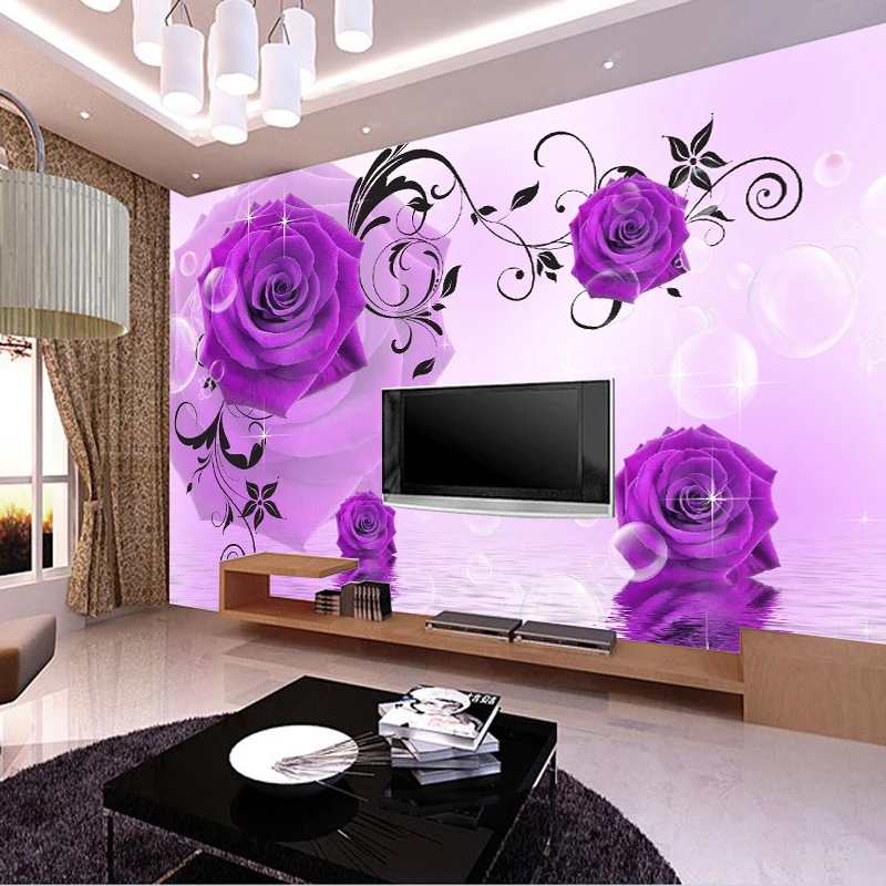 Custom photo wallpaper modern minimalist living room sofa purple blooming flower pattern TV backdrop mural | Обустройство дома