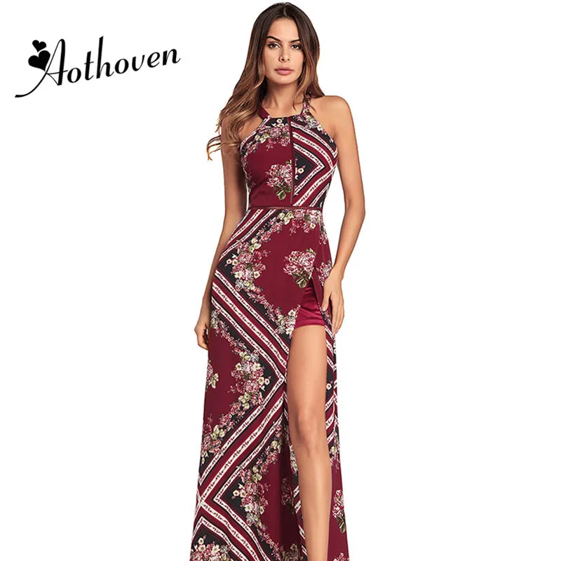 Women Dress Floral Print Vintage Bohemian 2018 Sleeveless Summer Beach Dresses Halter Backless Slit Long Maxi | Женская одежда