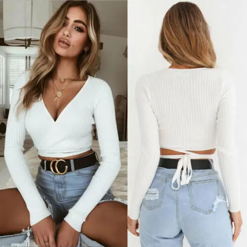 2019 New Summer Women Slim T-shirts Black White Khaki Long Sleeve T shirt Cross V-neck Sexy Crop Tops
2019 New Summer Women Slim T-shirts Black White Khaki Long Sleeve T shirt Cross V-neck Sexy Crop Tops
