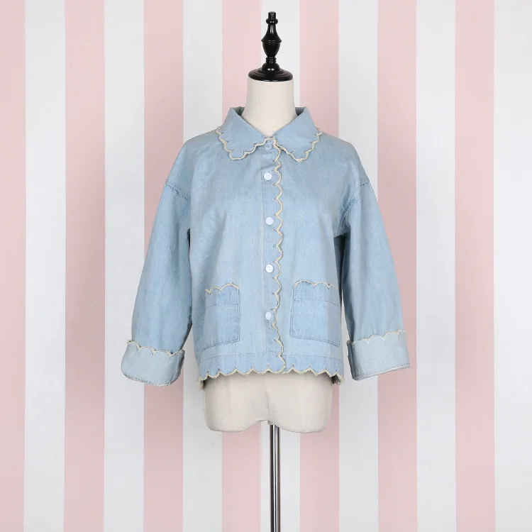 Japanese Style Vintage Mori Girl Cute Women's Jeans Jacket Lace Trim Washed Jeans Long Sleeve Outwear Color Pale Blue
Japanese Style Vintage Mori Girl Cute Women's Jeans Jacket Lace Trim Washed Jeans Long Sleeve Outwear Color Pale Blue