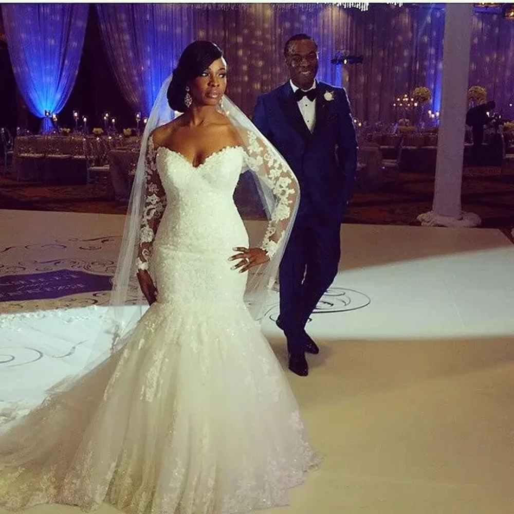 Plus Size Mermaid Wedding Dresses Off The Shoulder Long Sleeves Appliques Lace Custom Made Backless Wedding Gowns Chapel Train
Plus Size Mermaid Wedding Dresses Off The Shoulder Long Sleeves Appliques Lace Custom Made Backless Wedding Gowns Chapel Train