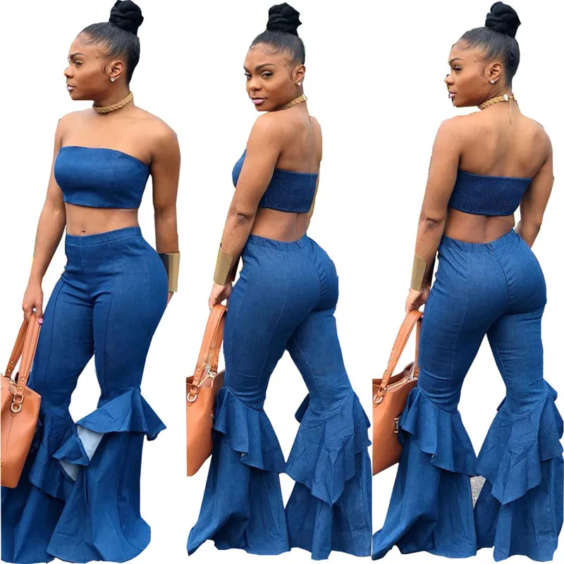 Denim Two Piece Set Summer Strapless Crop Top Bell Bottom Jeans Flare Pant Suit Matching Sets Outfits Sexy 2 Piece Set Women
Denim Two Piece Set Summer Strapless Crop Top Bell Bottom Jeans Flare Pant Suit Matching Sets Outfits Sexy 2 Piece Set Women