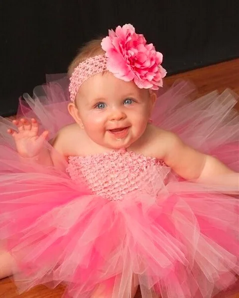

Hot Baby Dress Infant Girls Crochet Tutu 1Layer Tulle Ballet Dress with Flower and Headband Newborn Birthday Party Dress Clothes