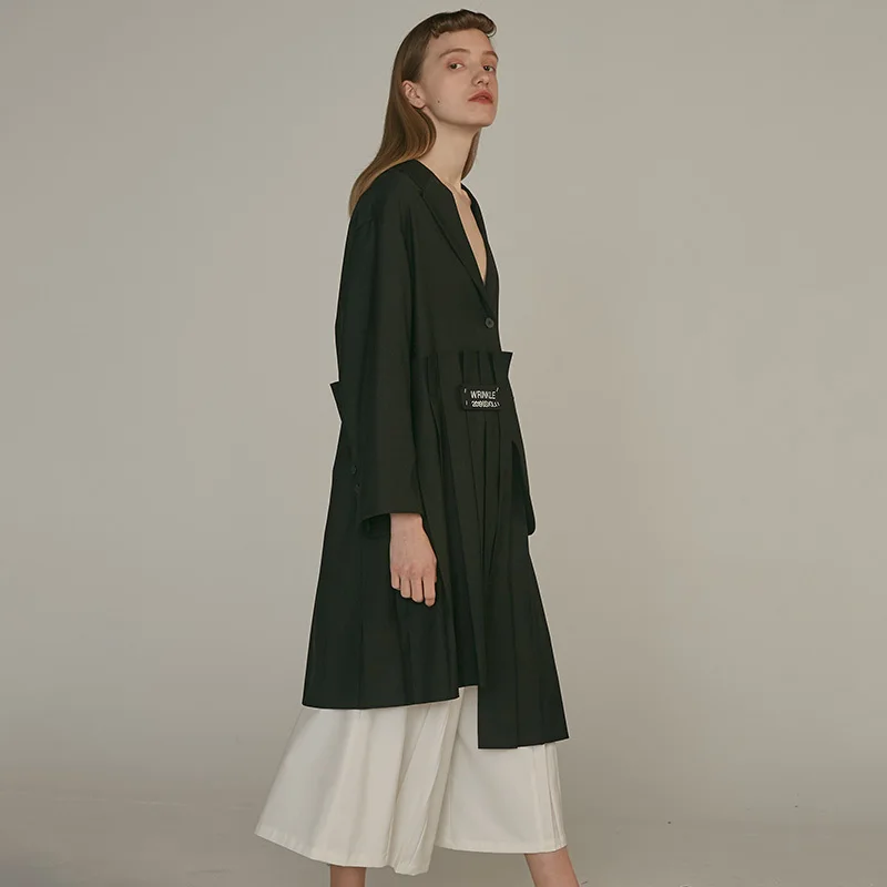 DEAT 2020 New Spring Summer Lapel Long Sleeve Khaki Irregular Hem Pleated Split Joint Windbreaker Women Trench Fashion JQ483 | Женская