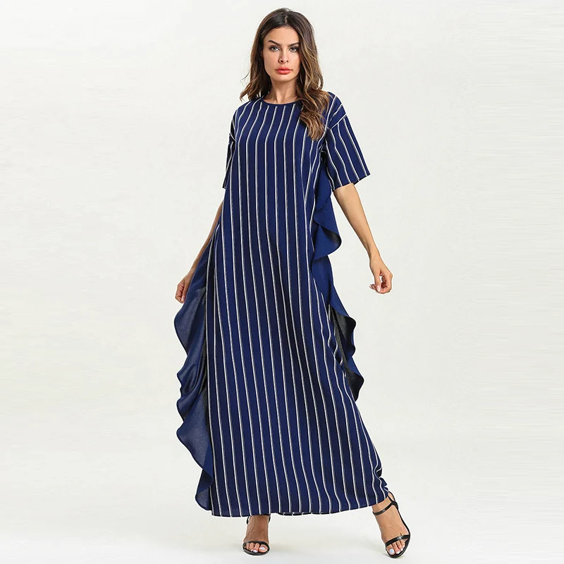 Muslim fashion summer dress loose large size women's robes short-sleeved striped stitching dress ruffled dress
Muslim fashion summer dress loose large size women's robes short-sleeved striped stitching dress ruffled dress