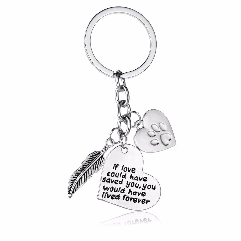 

12PC/Lot Heart Pet Paws Prints Keychain Feather Key Chains Rings If Love Could Have Saved You Keyrings Gift Animals Lover Keyfob