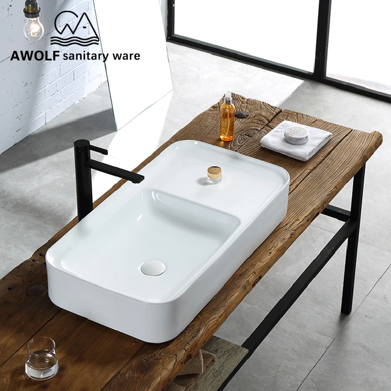 

Art Bathroom Sinks White Matte Black Ceramic Vessel Washing Basin Bowl With Platform Handmade Above Counter Wall Mounted AM898