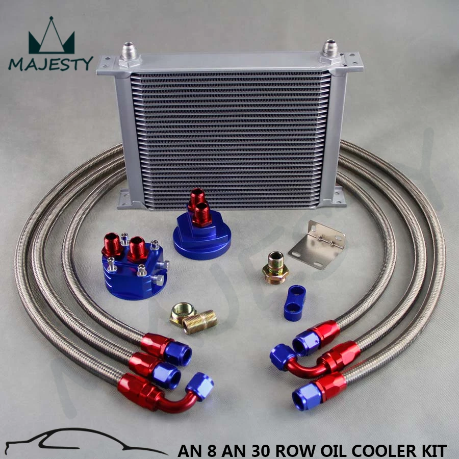 

30 Row AN-8/AN8 Engine Transmission Oil Cooler kit + Filter Relocation Kit BLUE