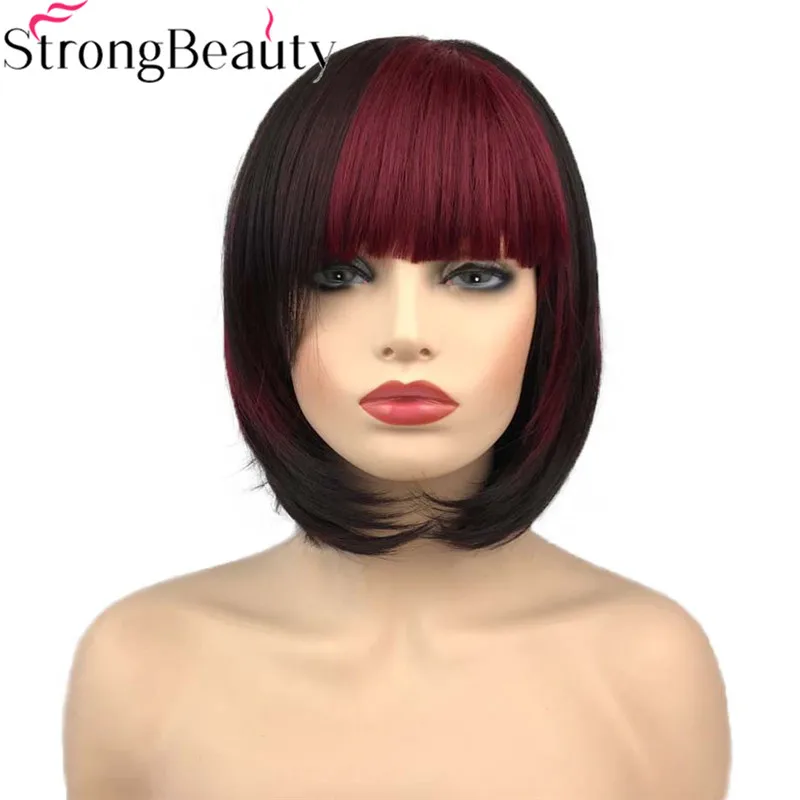 

StrongBeauty Cosplay Wig Red/Black Mix Neat/Oblique Bang Bob Haircut Women's Synthetic Wig