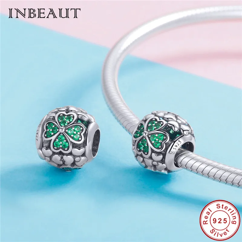 INBEAUT новые продажи 925 пробы серебряный зеленый CZ бусины с клевером резные микро
