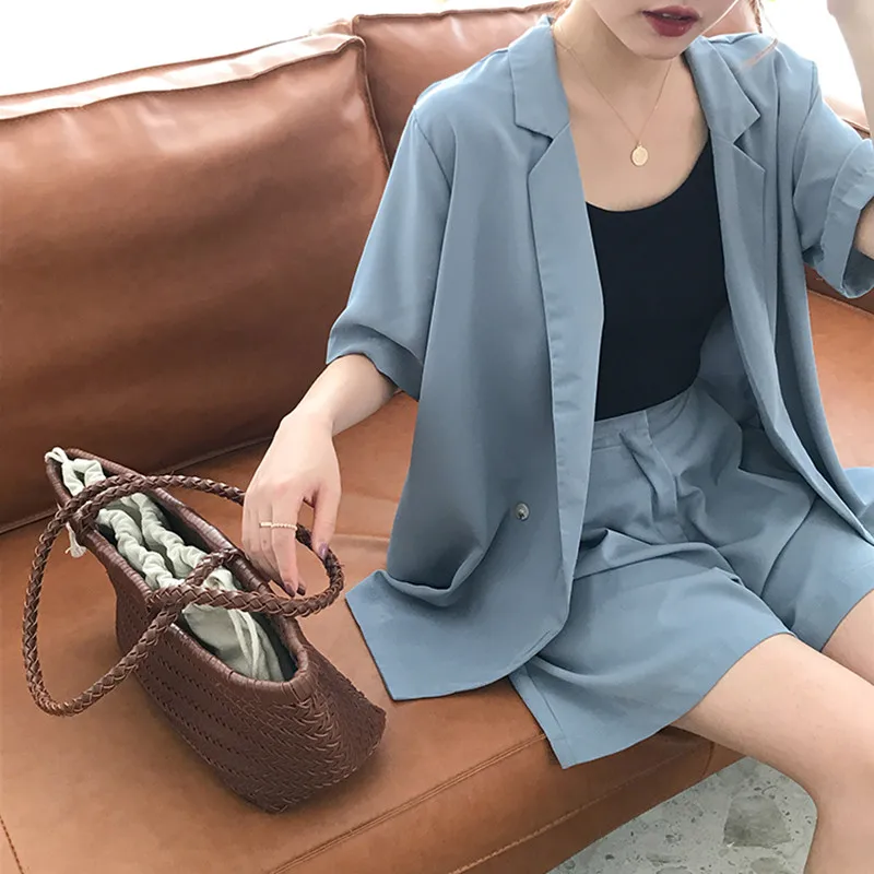 two pcs set summer 2019 solid color chiffon coat+wide leg shorts 2 womens clothing (F3729) | Женская одежда