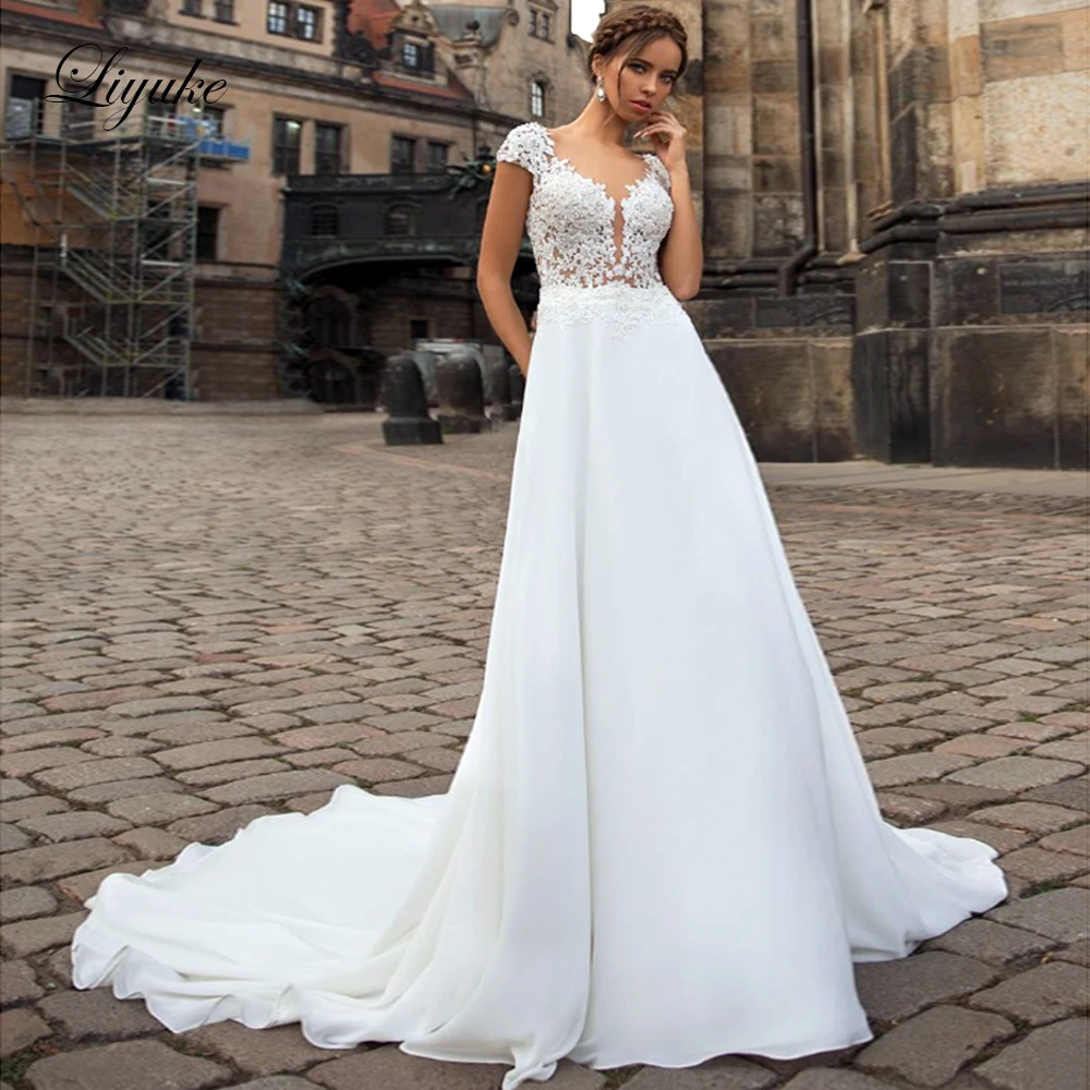 Liyuke Simple Silky Chiffon And Satin A-Line Wedding Dress V-Neck Appliques Of Court Train Vestido De Noiva
Liyuke Simple Silky Chiffon And Satin A-Line Wedding Dress V-Neck Appliques Of Court Train Vestido De Noiva