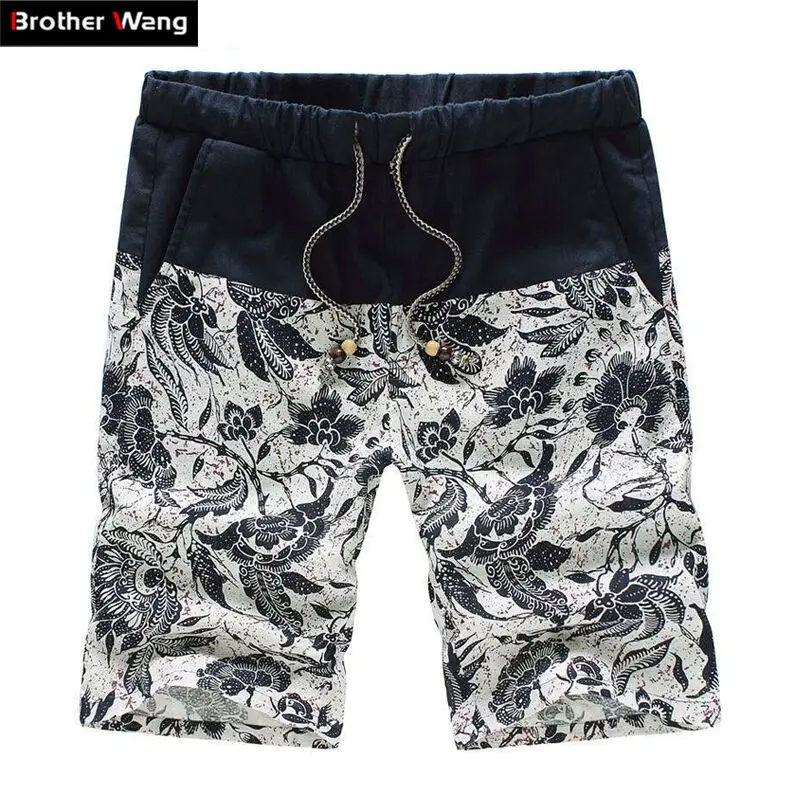 Повседневные льняные мужские модные шорты лето 2016 цветочная мозаика пляжные