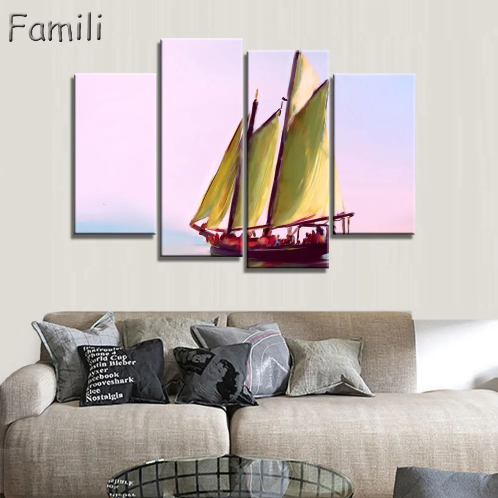 

4Panel Canvas Painting Sailboat Sunset Cuadros Decoration Wall Art Modular Pictures for Living Room Unframed,wall pictures
