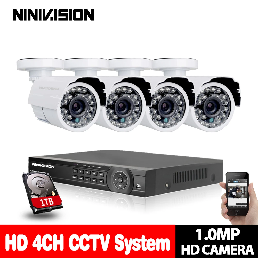 

NINIVISION 4CH 1080P HDMI Output DVR Kit AHD CCTV System 4PCS 720P 1.0MP Camera Outdoor P2P Video Security Surveillance System
