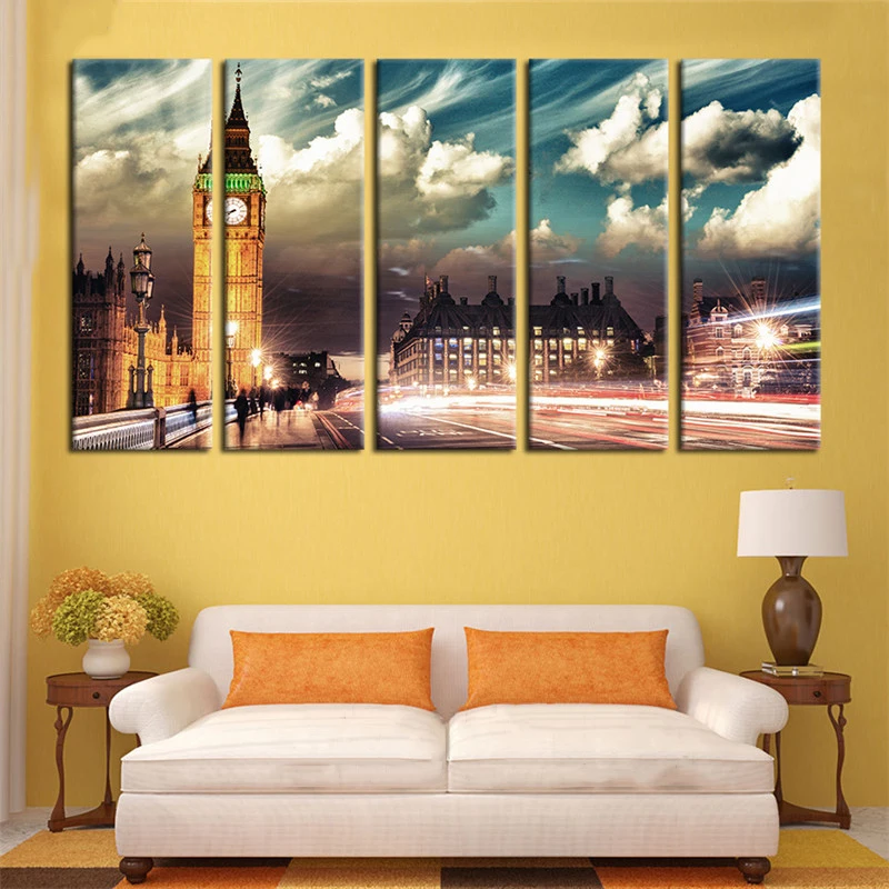 

Living Room Wall Decor Frame HD Prints 5 Pieces London City Skyline Big Ben Scenery Paintings Art Poster Modular Canvas Pictures