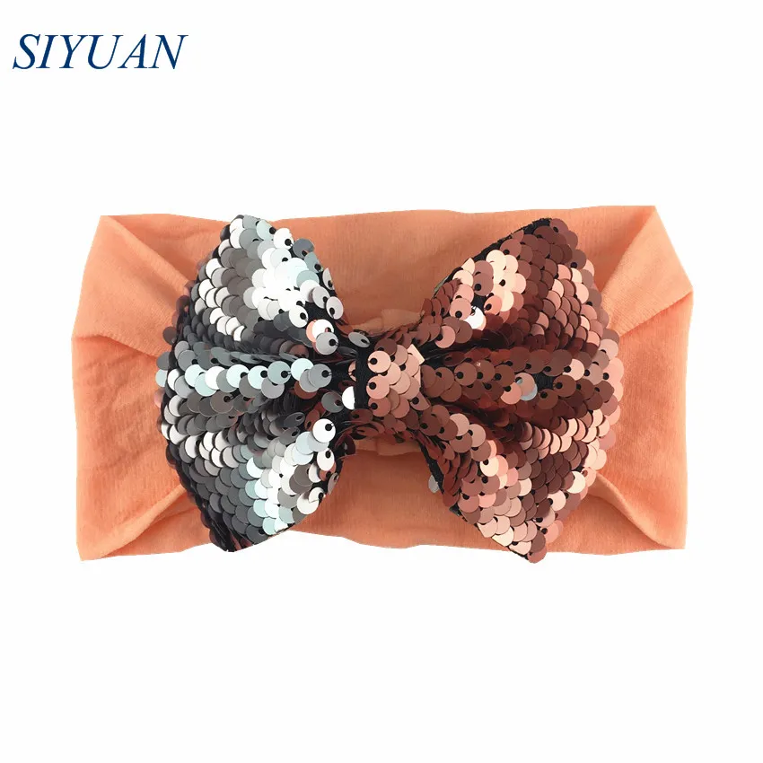 1pcs/lot 4 inch Reversible Sequin Bow Knot Headband Wide Nylon Hairband Kids Lovely Headwear Bright Colors Photo Props HB086 | Аксессуары
