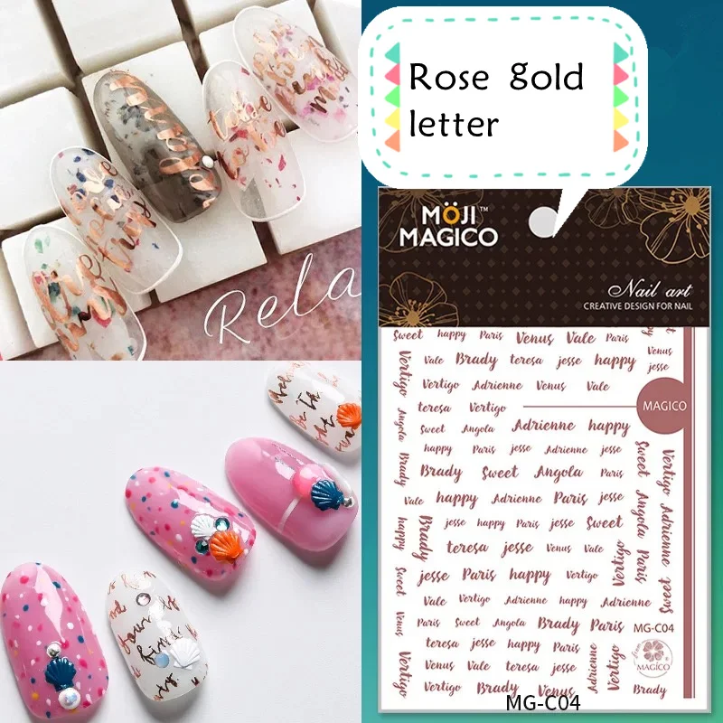 Newest MG-C03-C04 Rose gold letter 3d nail art sticker nail decal stamping export japan designs rhinestones decorations
Newest MG-C03-C04 Rose gold letter 3d nail art sticker nail decal stamping export japan designs rhinestones decorations