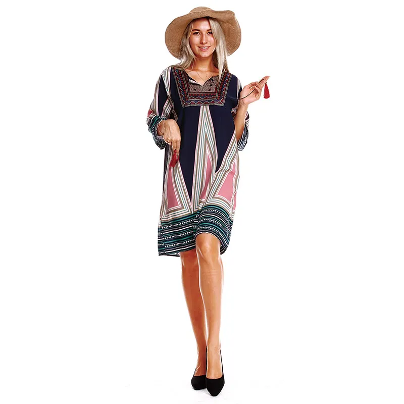 Женское винтажное платье в стиле бохо Пляжное Платье с узором прямое свободное