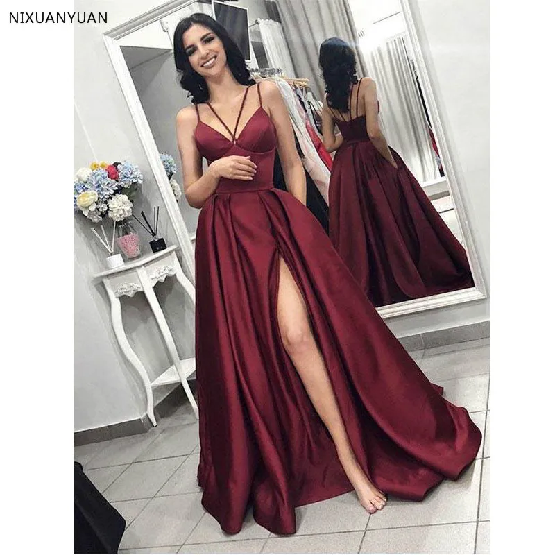 

Burgundy Evening Dresses 2021 Elegant Prom Dress with Slit Women Satin Formal Party Gown Robe Soiree Vestido De Festa