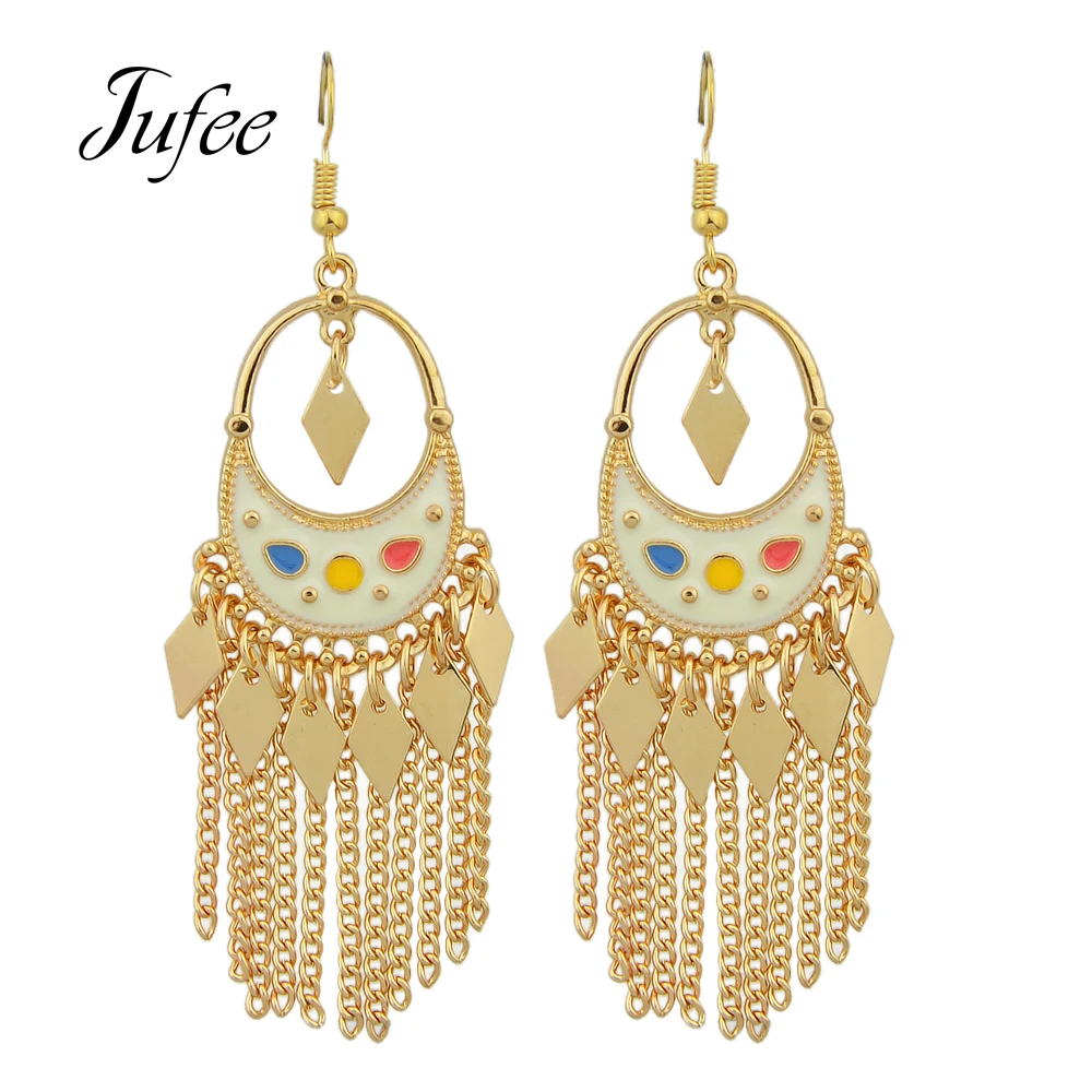 Jufee Boho Этническая люстра серьги золото Цвет длинная цепь кисточкой и ромб Форма с