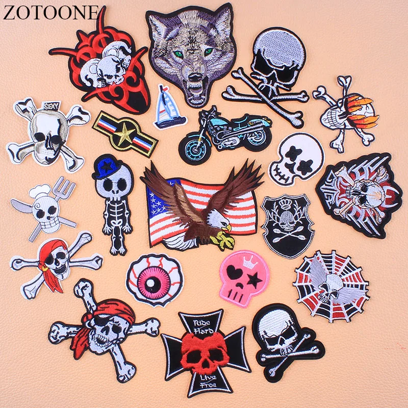 ZOTOONE Embroidered Motorcycle Skull Patch Stickers For Clothes Iron On Eagle Wolf Patches Backpack Hat Punk Rock Applique | Дом и сад