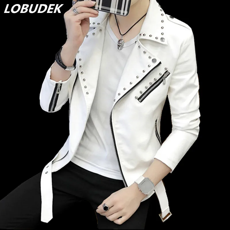 Spring Autumn Men's PU Leather Jacket White Red Rivet Zipper slim Tide Coat Punk style stage Clothing Jazz personality Costumes
Spring Autumn Men's PU Leather Jacket White Red Rivet Zipper slim Tide Coat Punk style stage Clothing Jazz personality Costumes