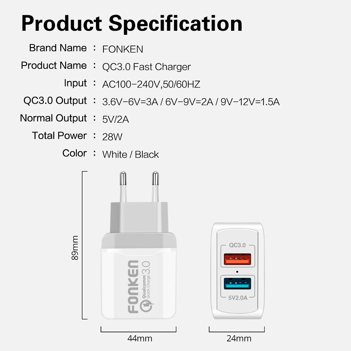 FONKEN Dual USB Charger 28W Quick Charge 3.0 QC3.0 Fast Phone Charger 2 Port Portable Wall Charger Adapter Android Mobile Tablet
FONKEN Dual USB Charger 28W Quick Charge 3.0 QC3.0 Fast Phone Charger 2 Port Portable Wall Charger Adapter Android Mobile Tablet