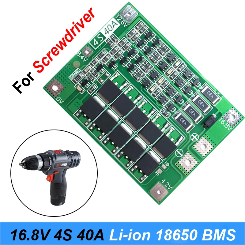 16.8V 4S 40A Lithium Battery 18650 Charger PCB BMS Protection Board with Balance For Screwdriver 14.4V 16.8V Lipo Cell Module
16.8V 4S 40A Lithium Battery 18650 Charger PCB BMS Protection Board with Balance For Screwdriver 14.4V 16.8V Lipo Cell Module