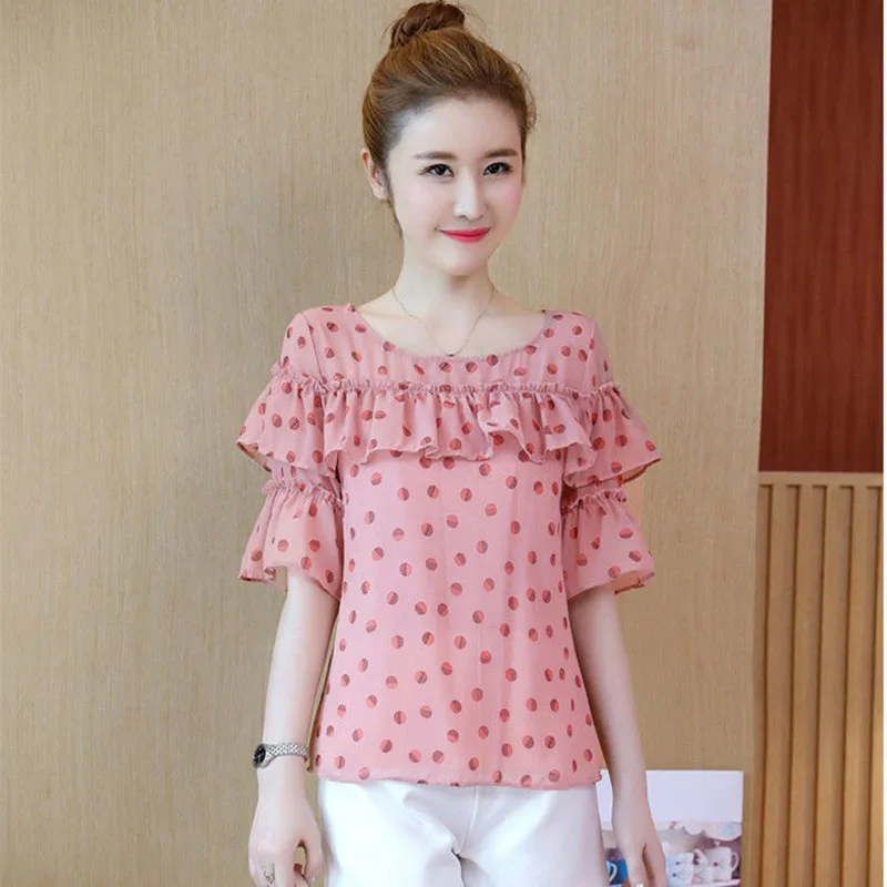Women Spring Summer Style Chiffon Blouses Shirts O-Neck Polka Dot Ruffles Decor Short Flare Sleeve Blusas Tops DF2632
Women Spring Summer Style Chiffon Blouses Shirts O-Neck Polka Dot Ruffles Decor Short Flare Sleeve Blusas Tops DF2632