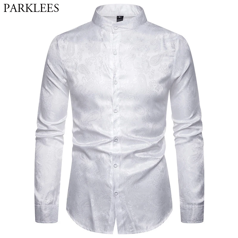 

Mens Casual Luxury Print Dress Shirts Brand Mandarin Collar Paisley Jacquard Slim Shirt Party Wedding Club Social Shirt White