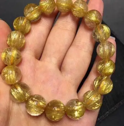 free shipping 11mm Natural Gold Rutilated Quartz Titanium Stretch Crystal Beads Bracelet | Украшения и аксессуары