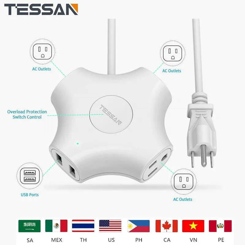 USB сетевой фильтр TESSAN с 3 розетками и 2 портами мини розетка для путешествий 5