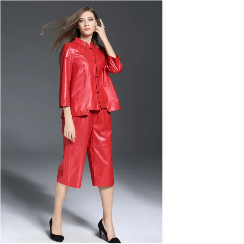 Новый узор мэм кожа семь частей широкие брюки Легкая Мода большой красный