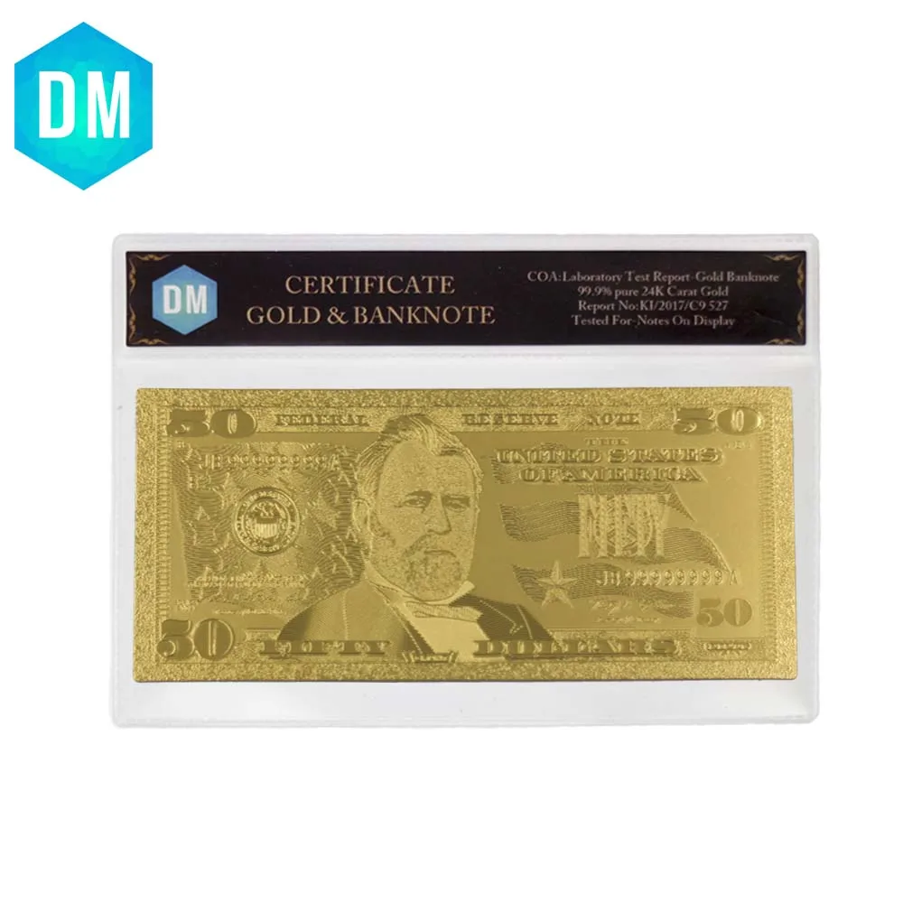 Festival Souvenir Gifts US Paper Money 50 Dollar 999.9 Gold Foil Metal Crafts Note Money Collectible Bill Note with COA Frame
Festival Souvenir Gifts US Paper Money 50 Dollar 999.9 Gold Foil Metal Crafts Note Money Collectible Bill Note with COA Frame