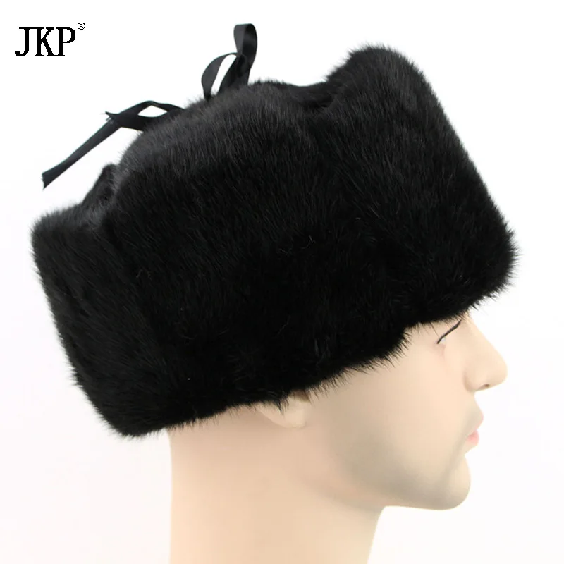 Men's Snow Hats Mink Fur Authentic Skullies Winter Russian Ushanka Solid Hat Whole Leather Outdoor Helmets ZD-05 | Аксессуары для