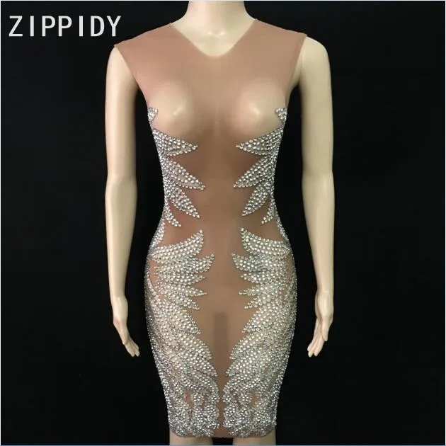 Fashion Sparkly Silver Stones Mesh Dress Sexy Rhinestones See Through Clothes Nightclub Singer Dress Women's Celebrate Dress
Fashion Sparkly Silver Stones Mesh Dress Sexy Rhinestones See Through Clothes Nightclub Singer Dress Women's Celebrate Dress