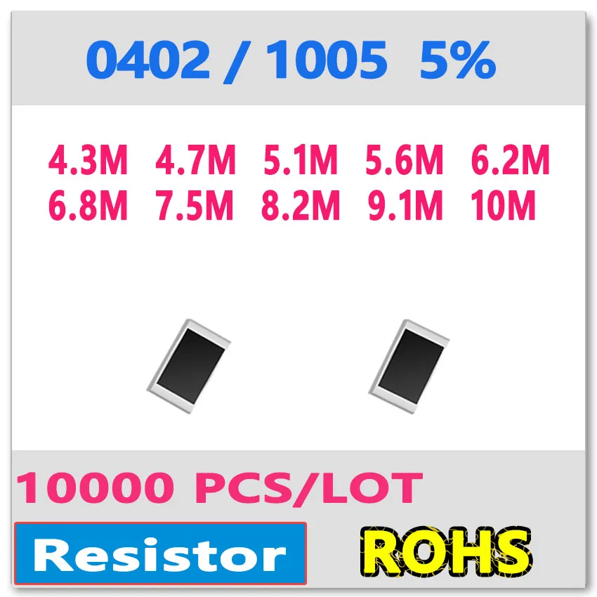 JASNPROSMA 0402 J 5% 10000pcs 4.3M 4.7M 5.1M 5.6M 6.2M 6.8M 7.5M 8.2M 9.1M 10Msmd 1005 4M3 4M7 5M1 5M6 6M2 6M8 7M5 OHM Resistor
JASNPROSMA 0402 J 5% 10000pcs 4.3M 4.7M 5.1M 5.6M 6.2M 6.8M 7.5M 8.2M 9.1M 10Msmd 1005 4M3 4M7 5M1 5M6 6M2 6M8 7M5 OHM Resistor