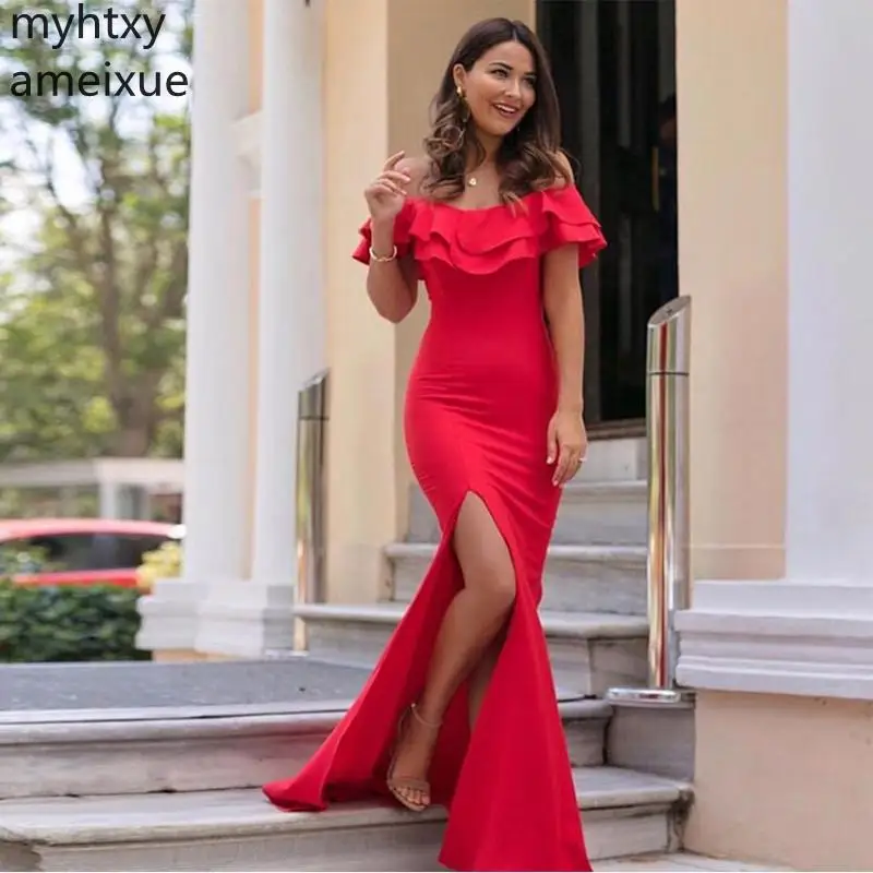 Custom Shoulder Ruffles Red Evening Dresses Mermaid Style Formal Party Dress Front Split Long Gown Robe De Soiree Plus Size
Custom Shoulder Ruffles Red Evening Dresses Mermaid Style Formal Party Dress Front Split Long Gown Robe De Soiree Plus Size
