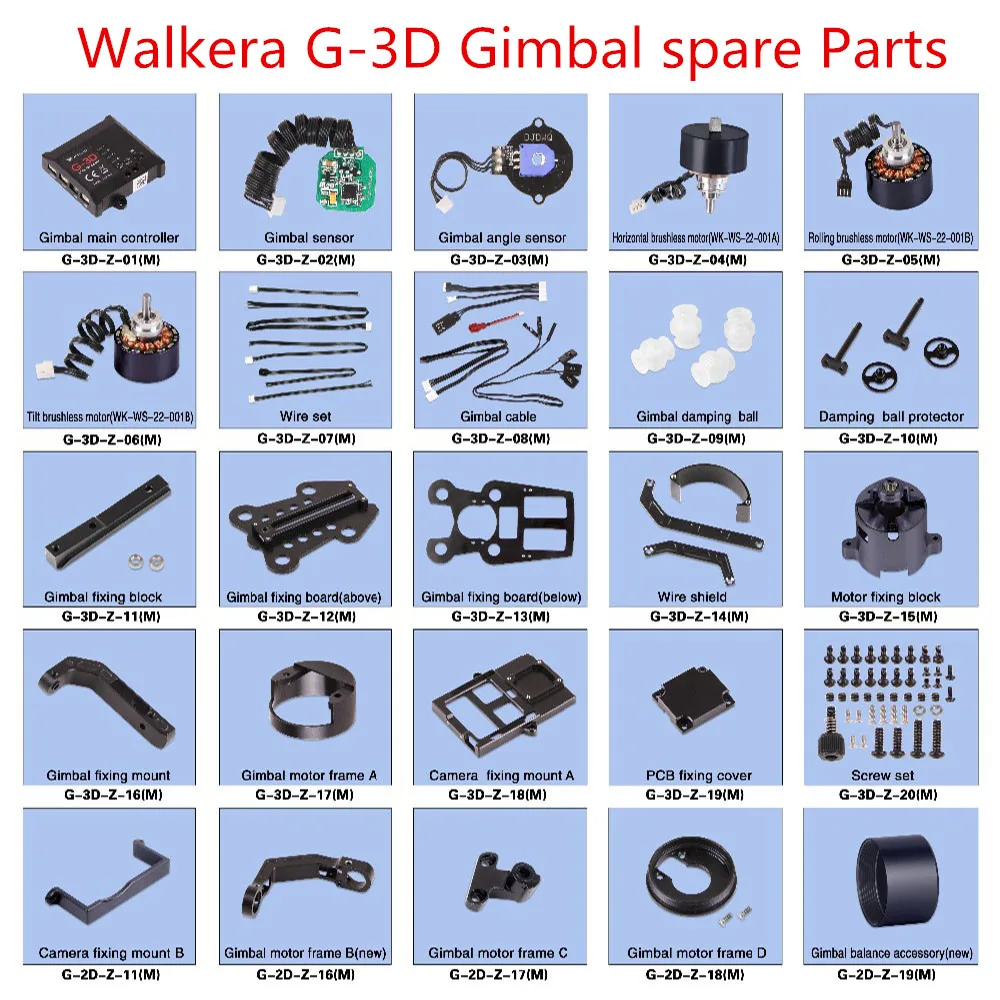 Walkera G-3D Gimbal Spare Parts Controller sensor motor Cable Damping ball Fixed block Fixing frame Motor frame Screw etc
Walkera G-3D Gimbal Spare Parts Controller sensor motor Cable Damping ball Fixed block Fixing frame Motor frame Screw etc